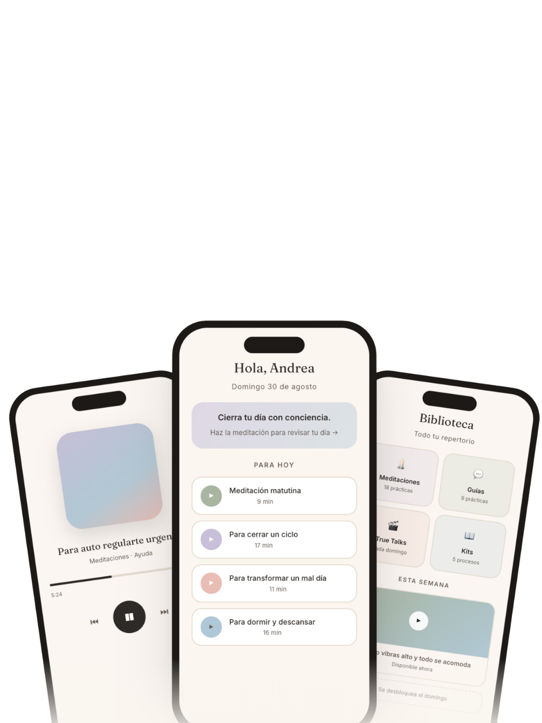 Nuestra app de herramientas en tres pantallas: meditación, inicio y biblioteca