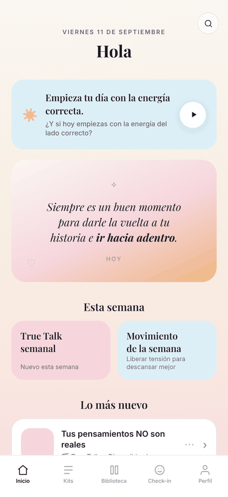 La pantalla de inicio de la app